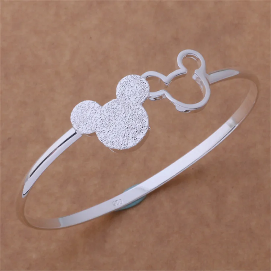 925 Sterling Silver fine Frosted Mickey bangle Bracelets for Women adjustable Fashion Party Wedding Accessories Jewelry Gifts