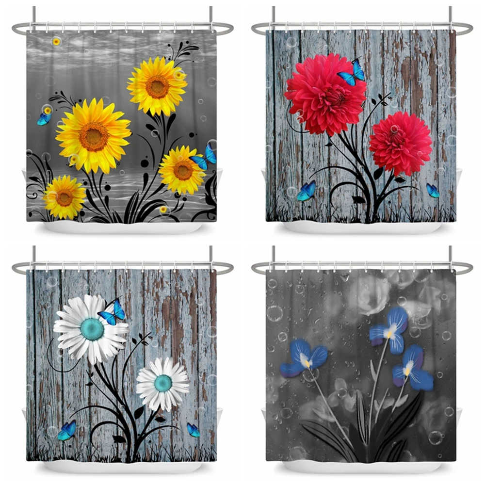 

Vintage Wood Board Flower Shower Curtain Rose Butterfly Daisy Sunflower Printed Bathroom Bathtud Dector Waterproof with Hooks