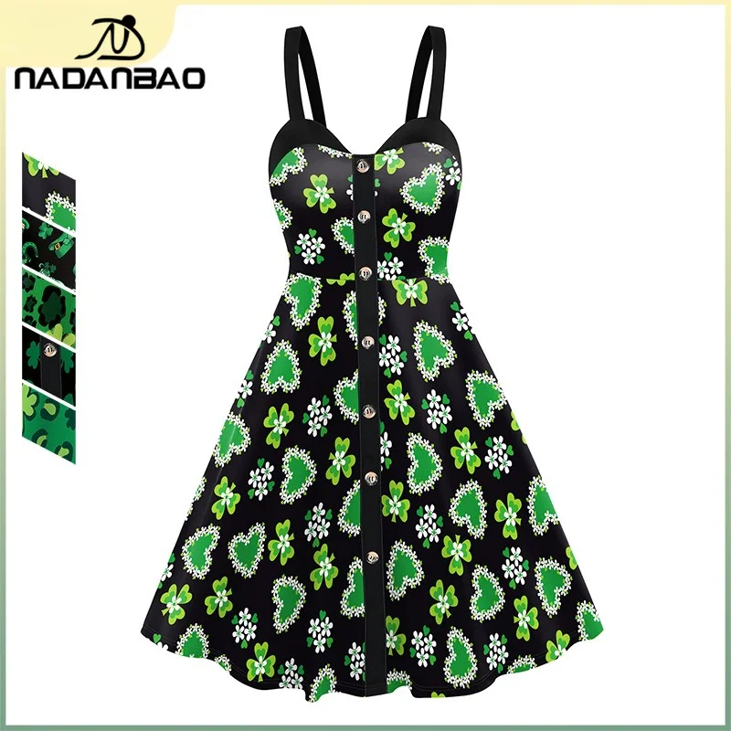 Sukienka Nadanbao z nadrukiem czarno-zielonej koniczyny, damska, kostium na Dzień Świętego Patryka, letnia sukienka na ramiączkach z wysokim stanem, odzież codzienna.