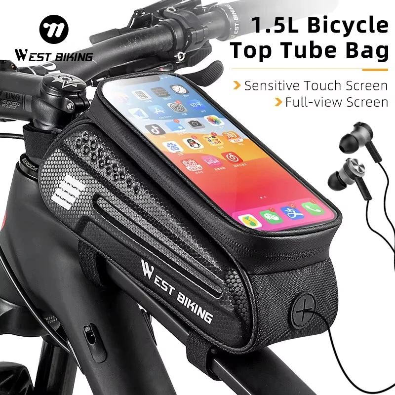 WEST BIKING Bicycle Top Tube Bag 1.5L Touch Screen Cycling Phone Bag Portable Waterproof Bike Handlebar Bag Bike Accessories