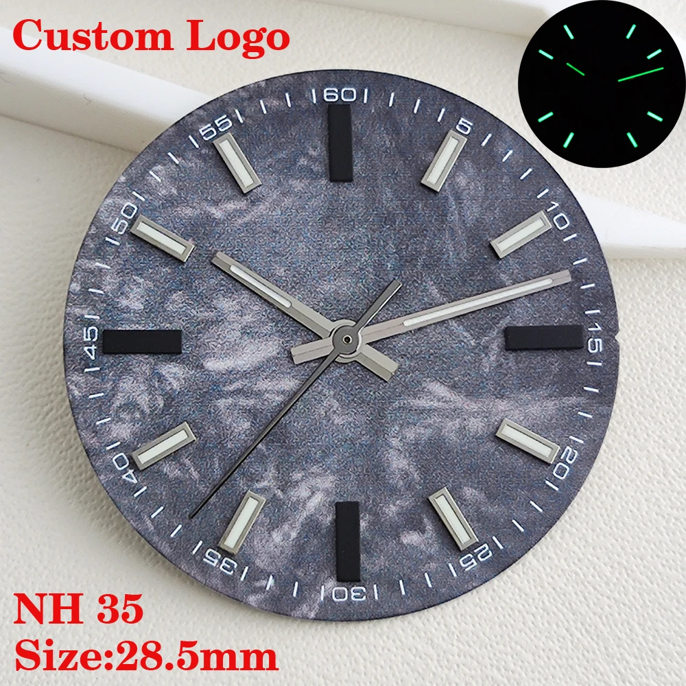 

Black carbon fiber dial, 28.5mm, custom logo, suitable for NH35 NH36 movement, some modules, bright green dial