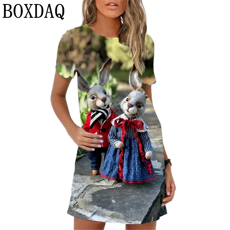 Fashion Funny Cute Cartoon Pattern Women Dress Casual Short Sleeve O-Neck Print Loose A-Line Dress Summer Casual Beach Sundress