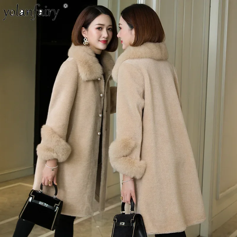Yolanfairy jaqueta de lã pura casaco de pele feminina meados de longo casacos de lã gola de pele de raposa jaquetas de inverno femininas outono inverno