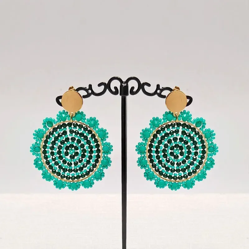 Rice bead earrings Crystal Green Sun Originality Hollow out Hand knitting Bohemia Alloy Fashion Simple Roundness Beaded earrings image 4