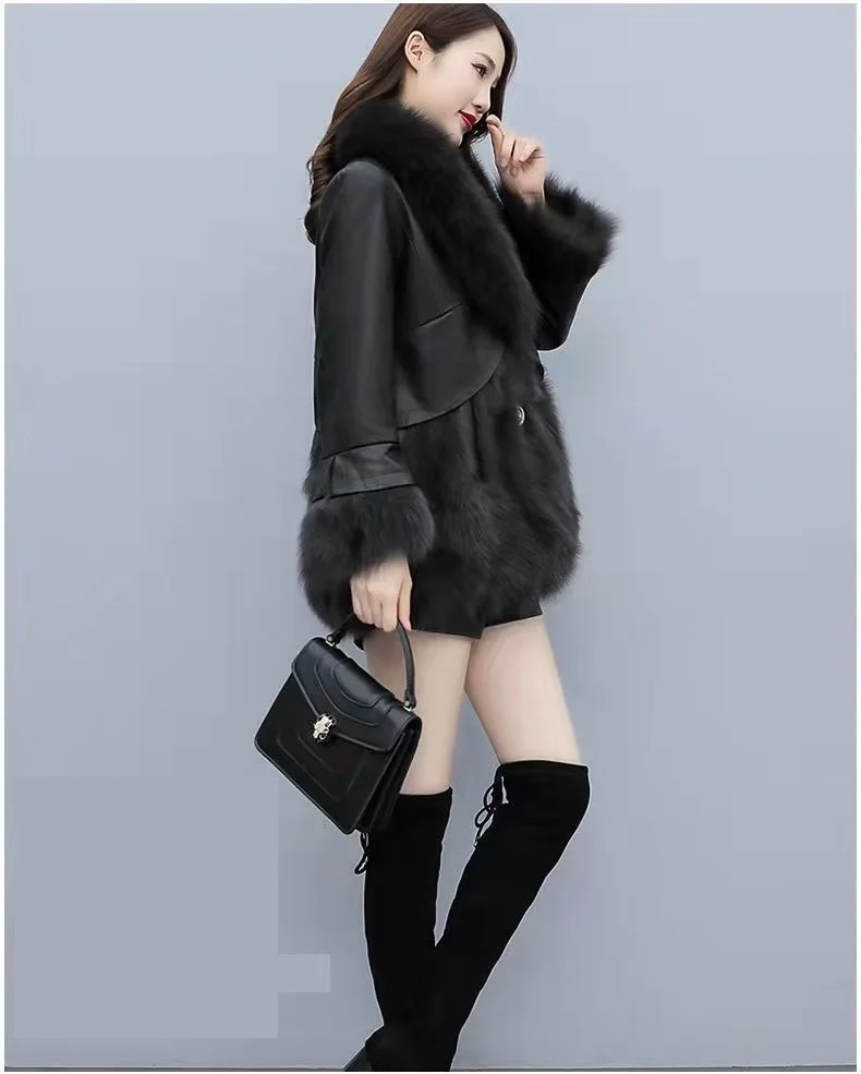Chic Leather Jacket Women's Overcoat 2024 Autumn Winter New Faux Fox Fur Mid-Length PU Leather Stitching Thick Warm Coat Outwear