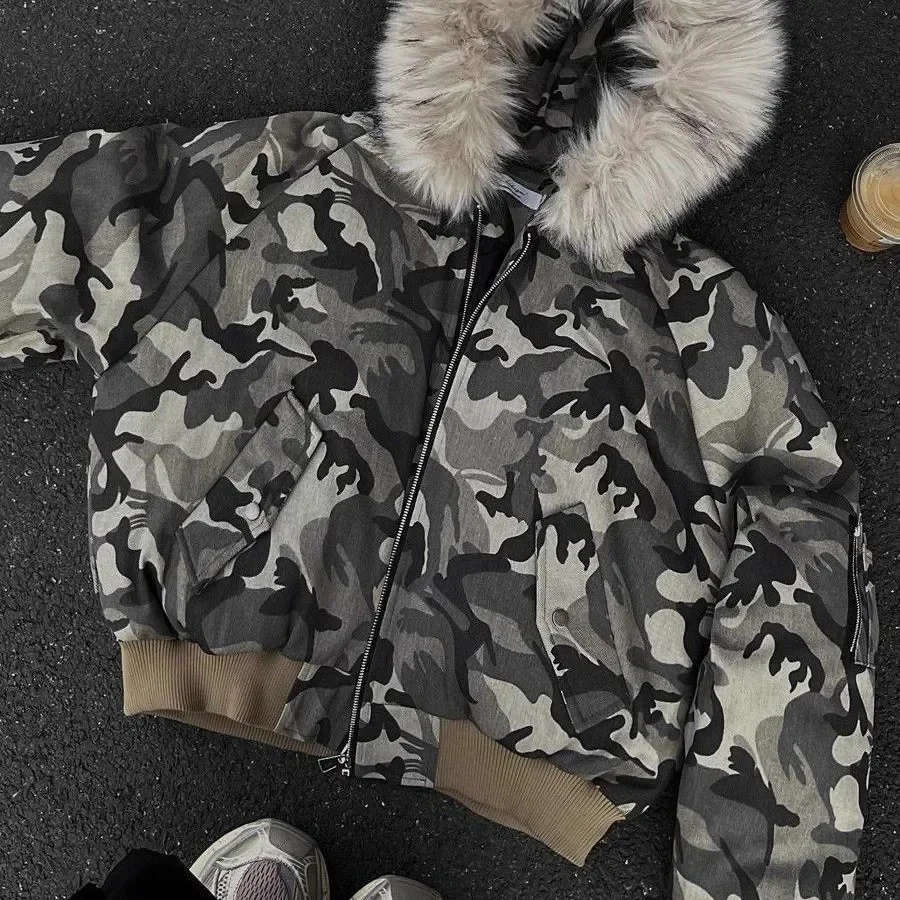 النمط الأمريكي التمويه الفراء طوق مقنعين مكافحة الباردة الشتاء معطف الشتاء 2025 الدافئة فضفاض جاكيت من الصوف العصرية رجالي معطف سميك #6