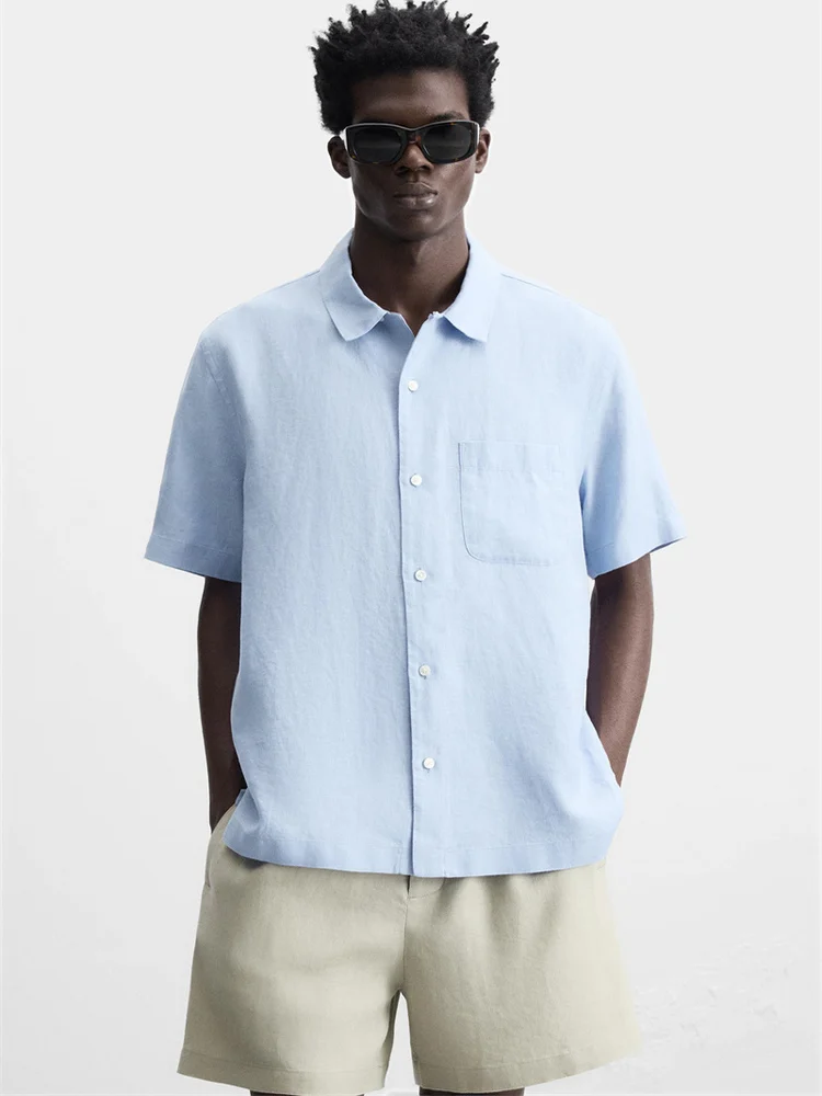 

Summer New Men's Loose Linen Short Sleeve Shirt Simple Fashion Turn-down Collar Casual Shirt for Youth Standard Fit