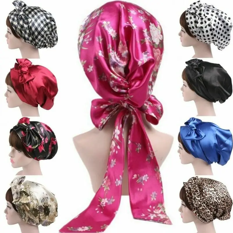 Women Silk Shower Cap Night Sleep Cap Hair Bonnet Hat Head Cover Satin Turban Headscarf