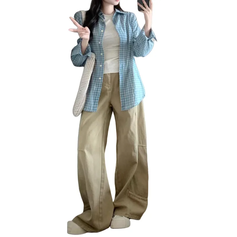 Plus Size Women's Casual Pants Autumn Khaki Cargo Jeans High Waist Loose Wide Leg Slimming Versatile Straight Leg Trousers