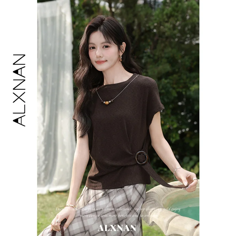 ALXNAN Women's Khaki T-Shirt Crew Neck Summer Short Sleeve Side Waist Tie Buckle Top Slim-fit Casual Female Clothing L63310