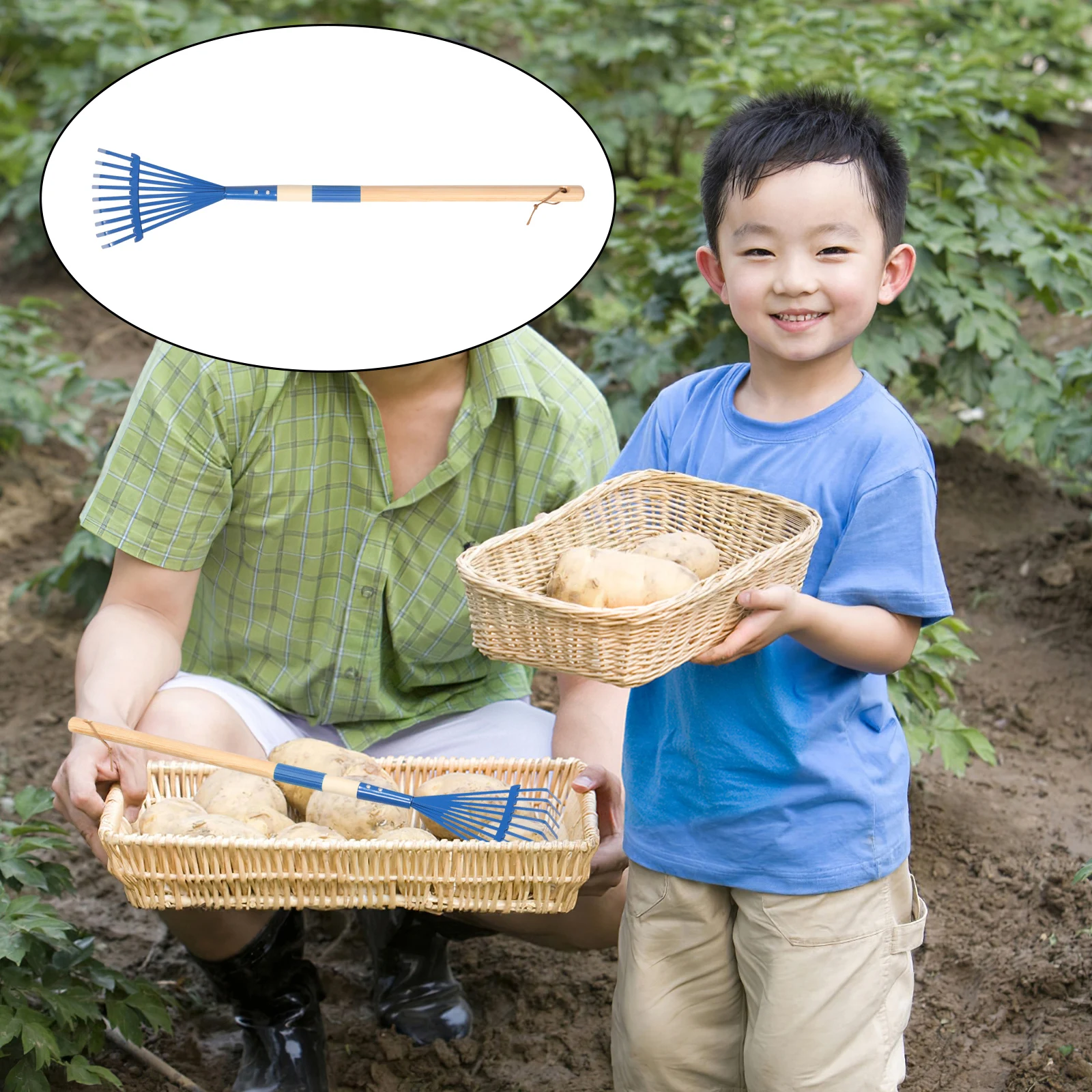 

Грабли со съемной деревянной ручкой, детские садовые инструменты, съемные синие железные грабли для газона для малышей