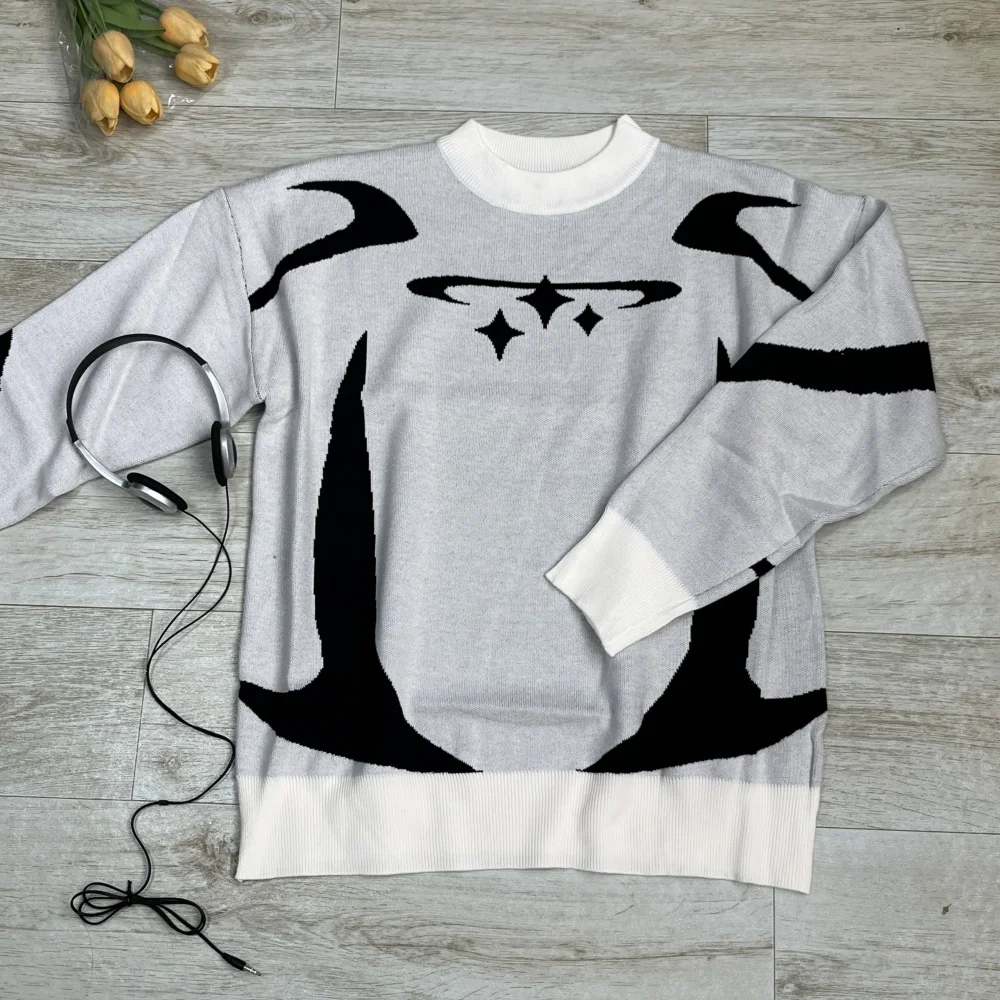 ผู้หญิงฮิปฮอปถักสีขาวเสื้อกันหนาวศิลปะนามธรรมเสื้อกันหนาวผู้ชาย Y2k ฮาราจูกุแฟชั่นเสื้อหลวมสบายๆสตรีทแวร์เสื้อสวมหัวอีโม