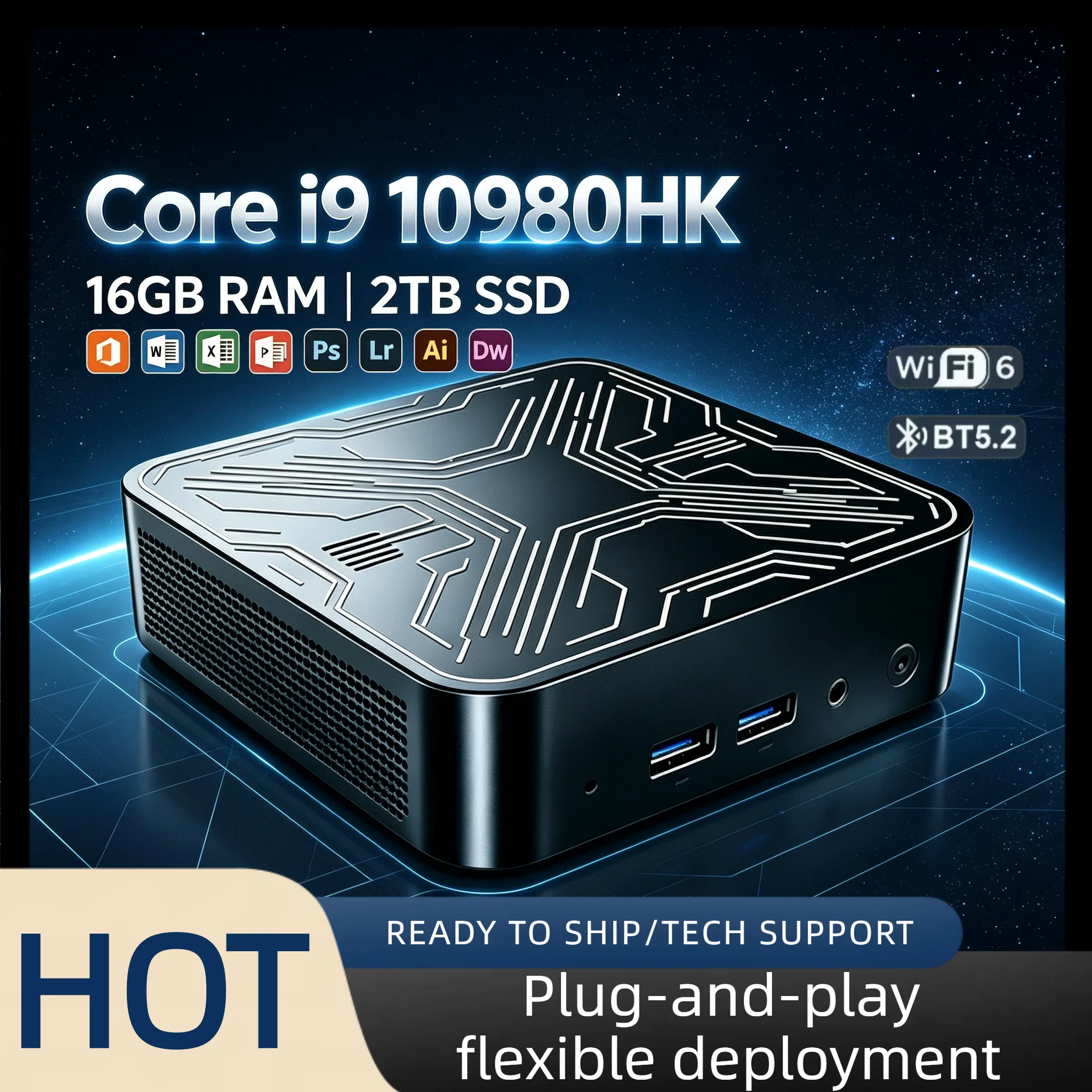 Core i9 10980HK Mini Portable PC 2026 16GB DDR4 M.2 NVMe SSD Triple 4K Screen WiFi6 Silent Cooling Office Desktop Computer