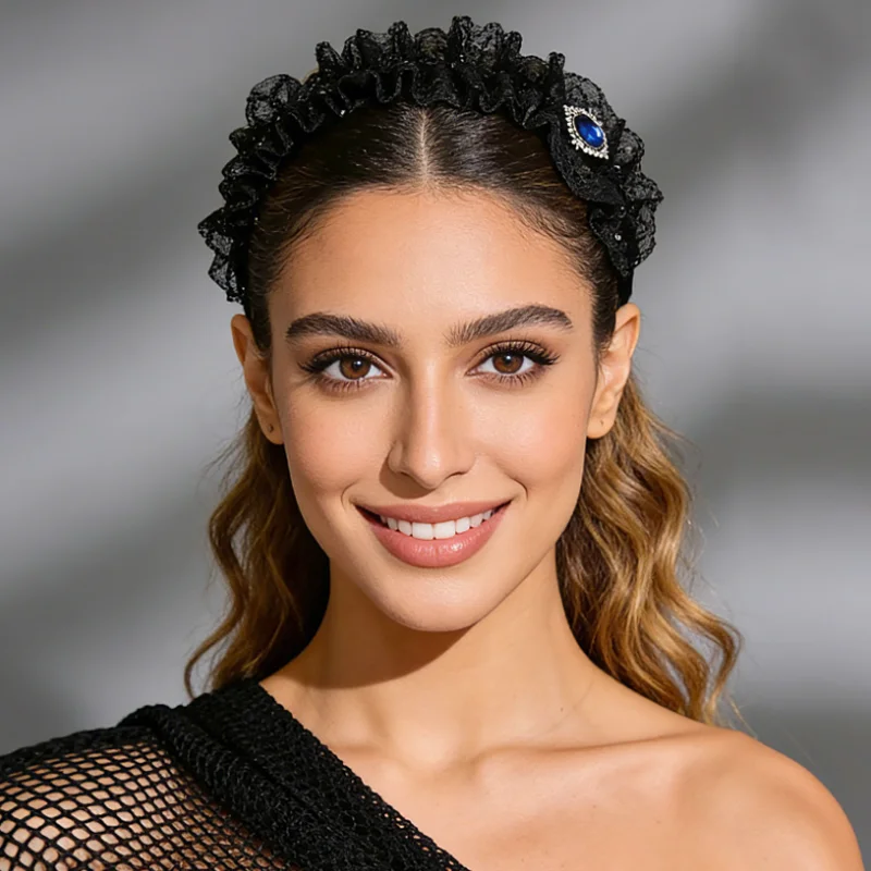 Lolita Style Ruffles Pleated Lace Sequin Headband Hairpin Wash Face Wide Edge Hair Hoop Hairbands Women Party Hair Headdress