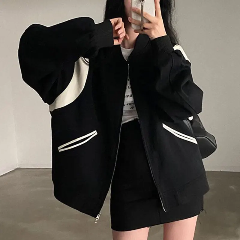 

Chic Autumnal Retro Versatile round Ne Color Blo Baseball Sle Loose Casual Long Sve Sweatirt Jaet for Women