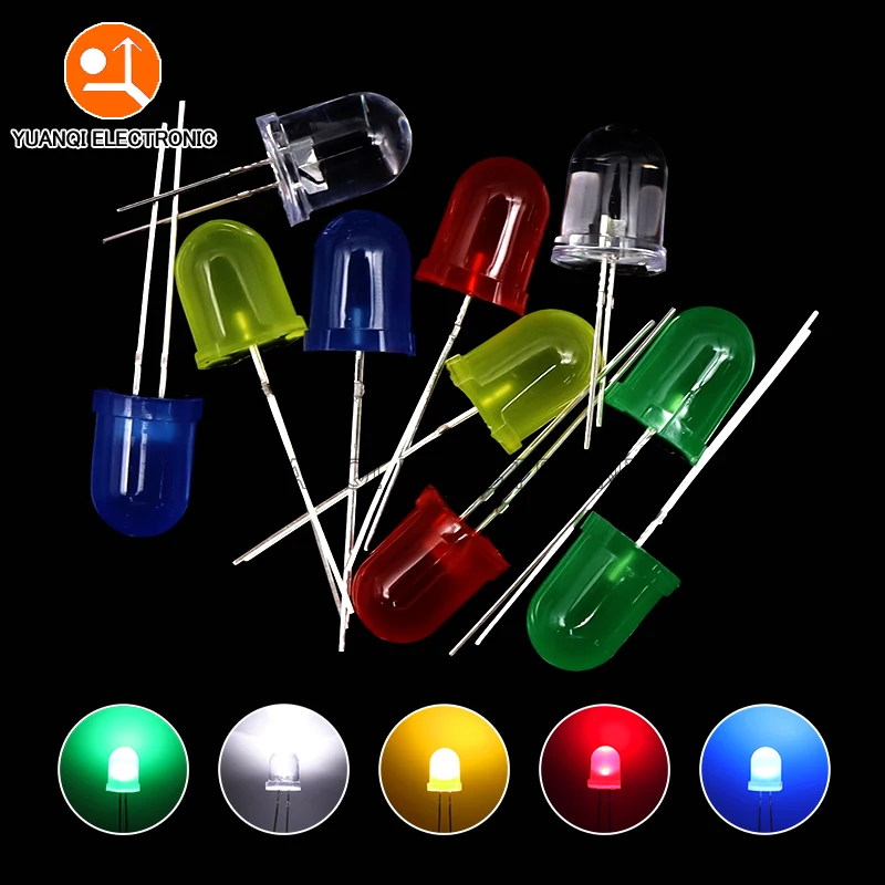 10PCS 10MM LED Assorted Kit 5 Colors White Red Green Blue Yellow DIY F10 0.75W Diffused Round Light Emitting Diodes