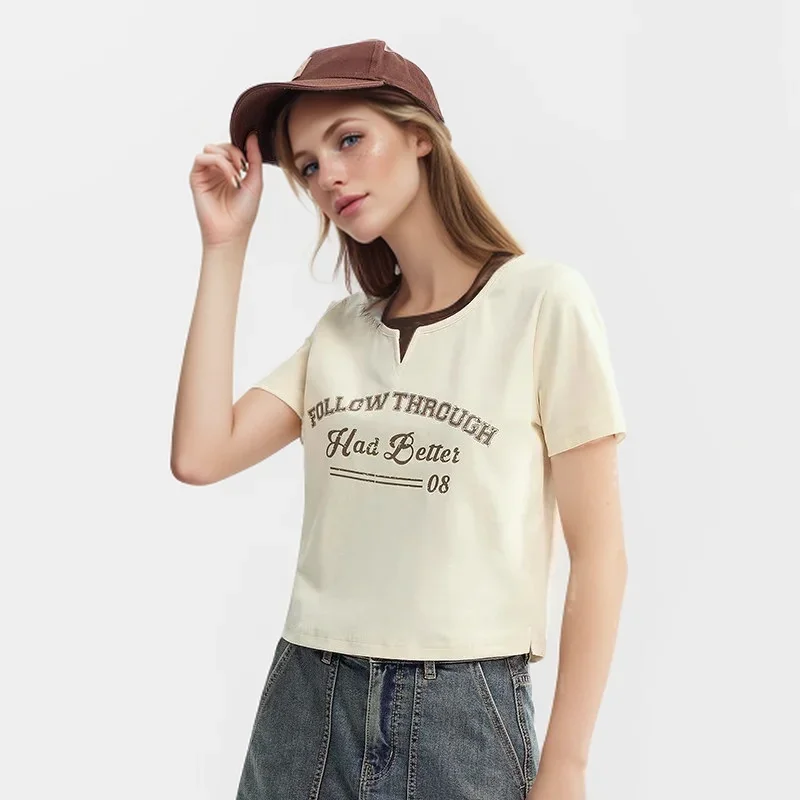 Semir Short Sleeve T-Shirt Women Short Letters American Retro 2024 Summer New Fake Two Pieces Slim Open Tops T shirt