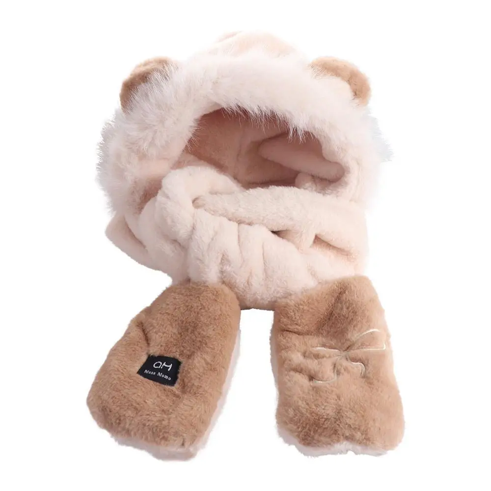Cute Bear Ears Plush Hat Embroidery Bow Cartoon Scarf Hat Glove for Women Thickened Ski Hat Furry Scarf Cap Set Outdoor