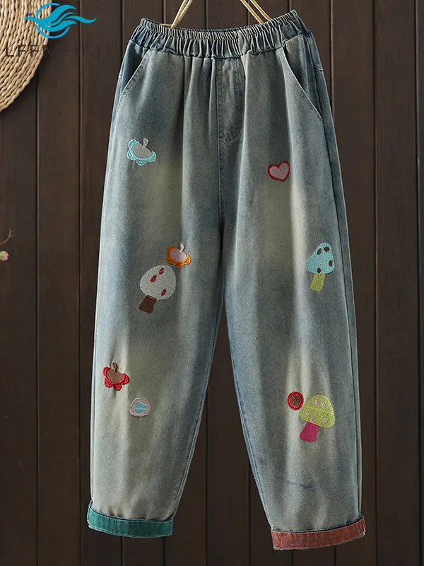 Vintage Heavy Embroidered Mushroom Patch Thin Denim Harem Pants Women Summer Cartoon Cropped Jeans