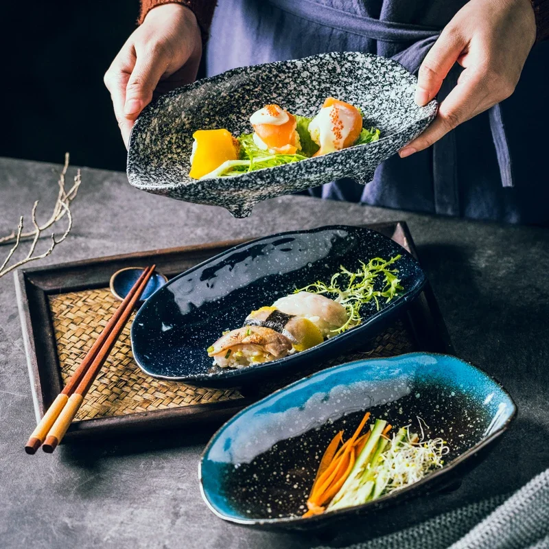 LingAo-Plato de pescado de cerámica irregular japonés creativo, plato para ensalada de frutas, bandeja para hornear