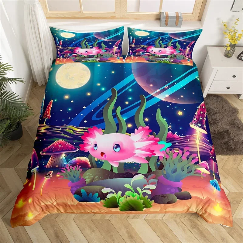 

Cartoon Axolotl Duvet Cover Single Twin King Wildlife Animal Bedding Set Microfiber Galaxy Mushroom Comforter Cover For Boy Girl