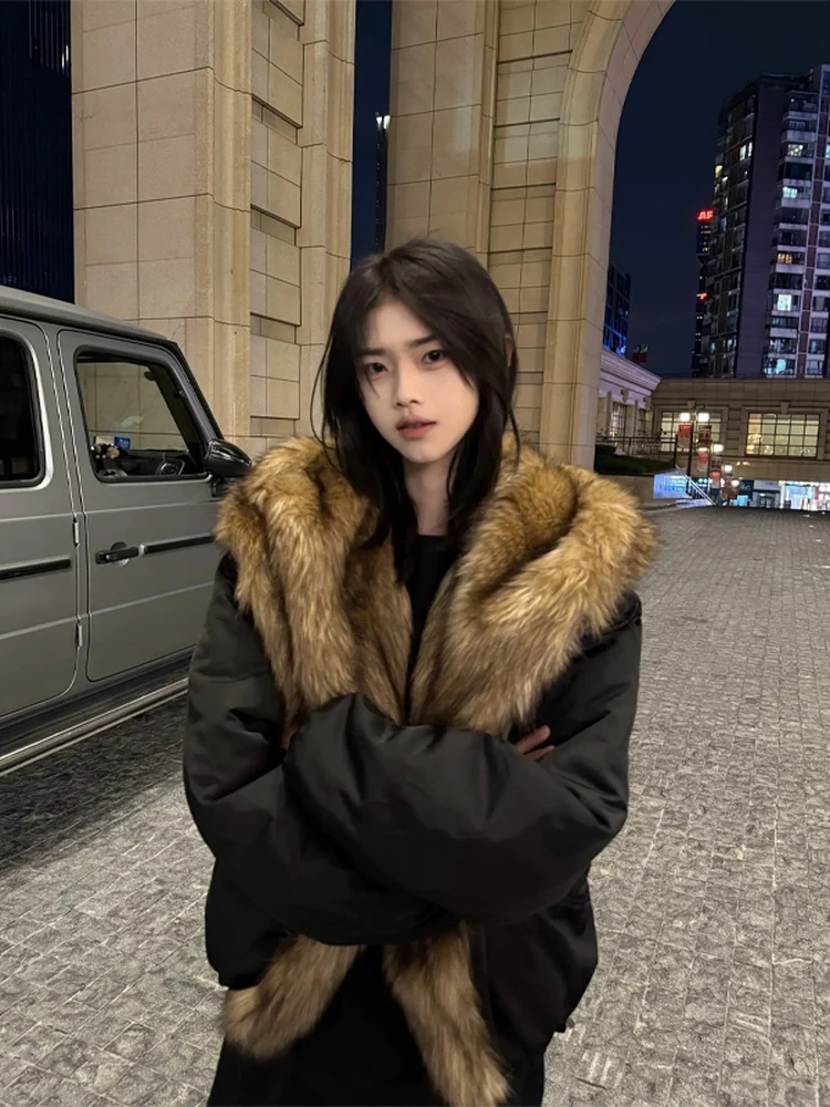 

Retro American Sle Hooded Jaet Men's Winter Loose Lazy Sle Flng Eagle Fur Collar Warm Cotton Coat Youth Faion