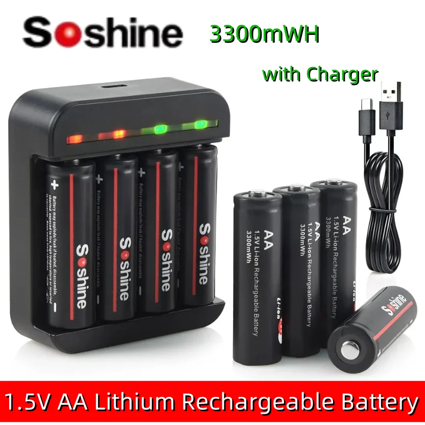 Soshine 1.5 فولت AA 3300mwh بطارية ليثيوم قابلة للشحن مع شاحن 1.5 فولت 2A بطارية ليثيوم أيون للعب كاميرا التحكم عن بعد
