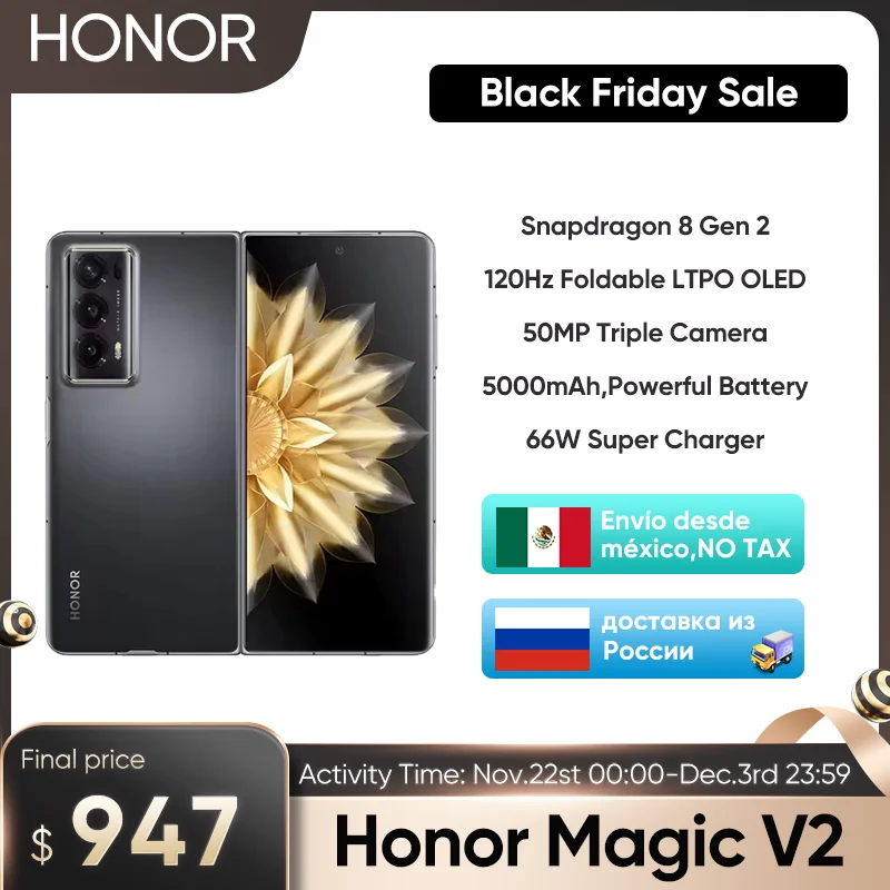 Honor Magic V2 5G قابل للطي LTPO الإصدار العالمي 7.92 "OLED 120 هرتز عرض Snapdragon 8 Gen 2 66 واط SuperCharge بطارية 5000 مللي أمبير في الساعة NFC