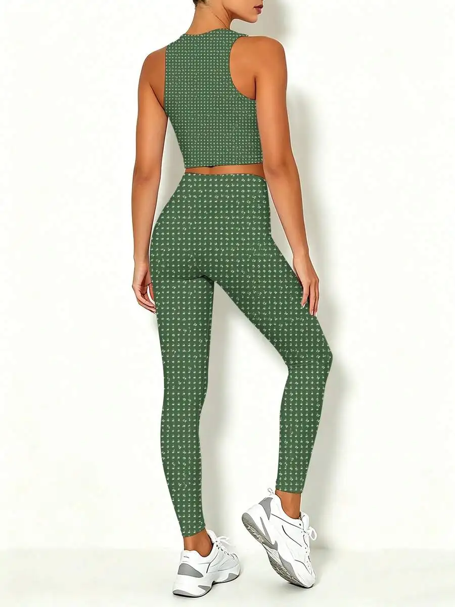 

Womens Green Polka Dot 2 Piece Sport Set High Waist Yoga Pants Tank Top Gym Workout Leggings
