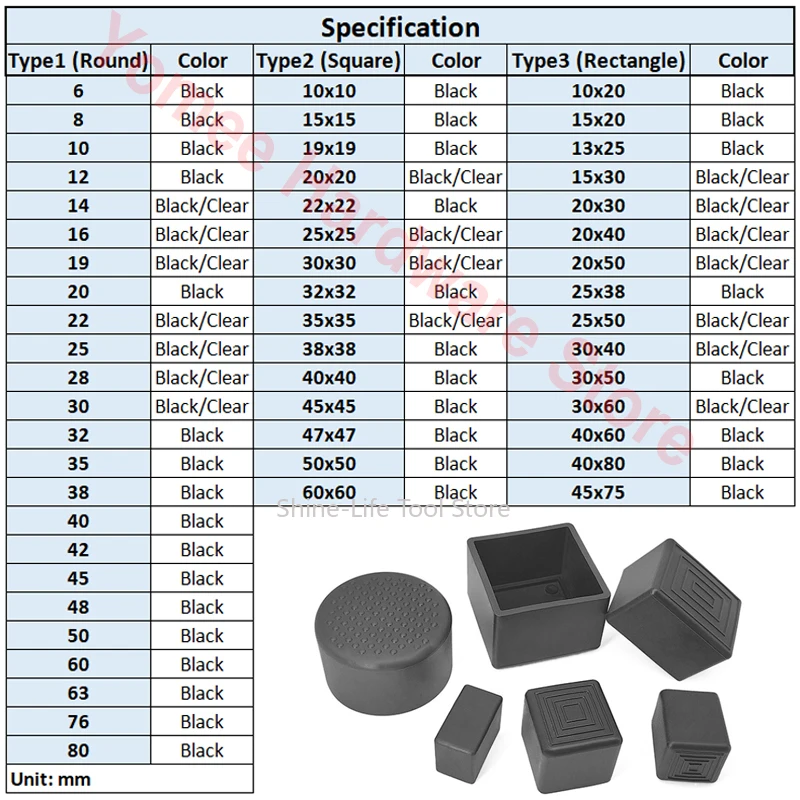 Round Black PVC Soft Rubber Pipe Sleeve Round Chair Leg Caps Non-Slip Furniture Feet Pads Dia 6-80mm