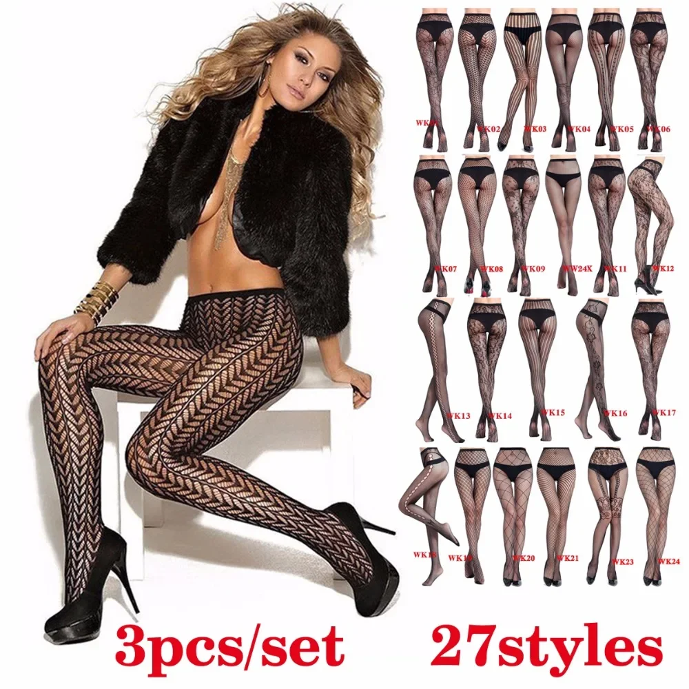 3 Pcs Women's Fishnet Stockings Thigh Sheer Tights Black Sexy Stripe Elastic Lace Lingerie Embroidery Pantyhose