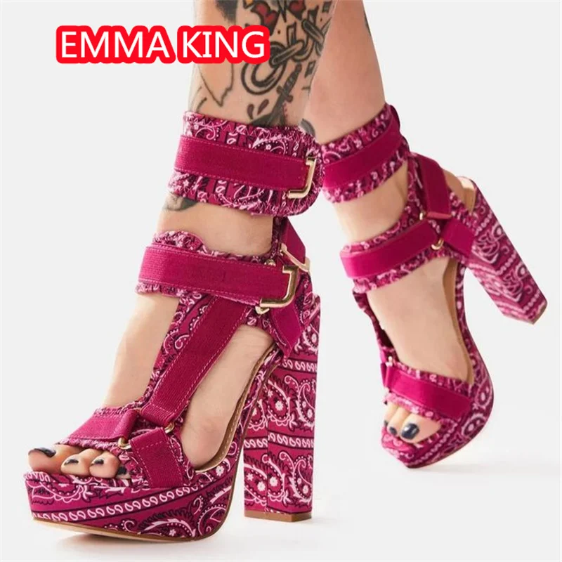 New Sandals Womnen Summer Mixed Colors 2024 Elastic Bands Metal Button Girls Ethnic Style Platform Chunky Heels Shoes Size 44