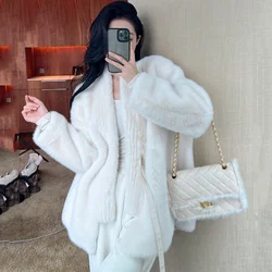 Fashion Double-sided Leather Fur Coat Women Autumn Winter Mink Fus Short Jacket Streetwear Lady V-neck Loose Lace-up Overcoat