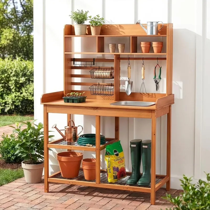 Potting Bench Nordic Scots Pine Potting Table Removable Sink Workstation for Outside Patio Lawn Wooden Garden Work Station