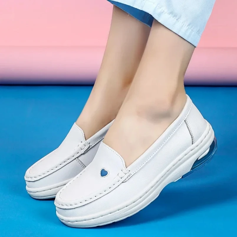 2025 Waterproof Platform Sneakers Women Air Cushion Swing Shoes White Nurse Shoes Cowhide Non-slip Lady Loafers Hollow Wedge view 4