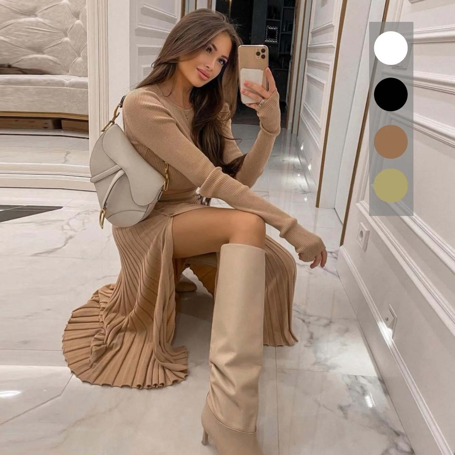 

Осень-зима, новый женский вязаный ультра-короткий топ и длинная юбка, свитер, комплект Street Sle, однотонный дизайн на пуговицах, тонкий...