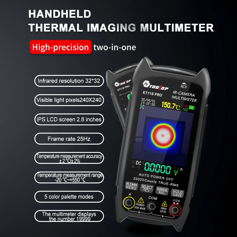 TOOLTOP ET11S PRO Thermal Imaging Camera 32*32 Rsolution Temperature Tracking 19999 Count True RMS Multimeter Electrician Tools