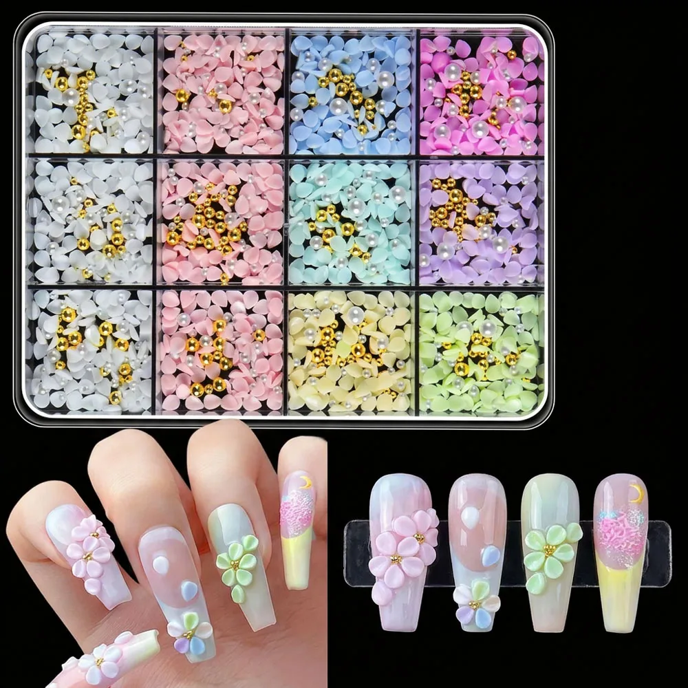 12-teiliges 3D-Macaron-Blütenblätter-Nagelkunst-Set mit Gold- und Weißperlen, Weiße, Rosa, Blaue und Grüne Blumen zur Nageldekoration – Detail 2