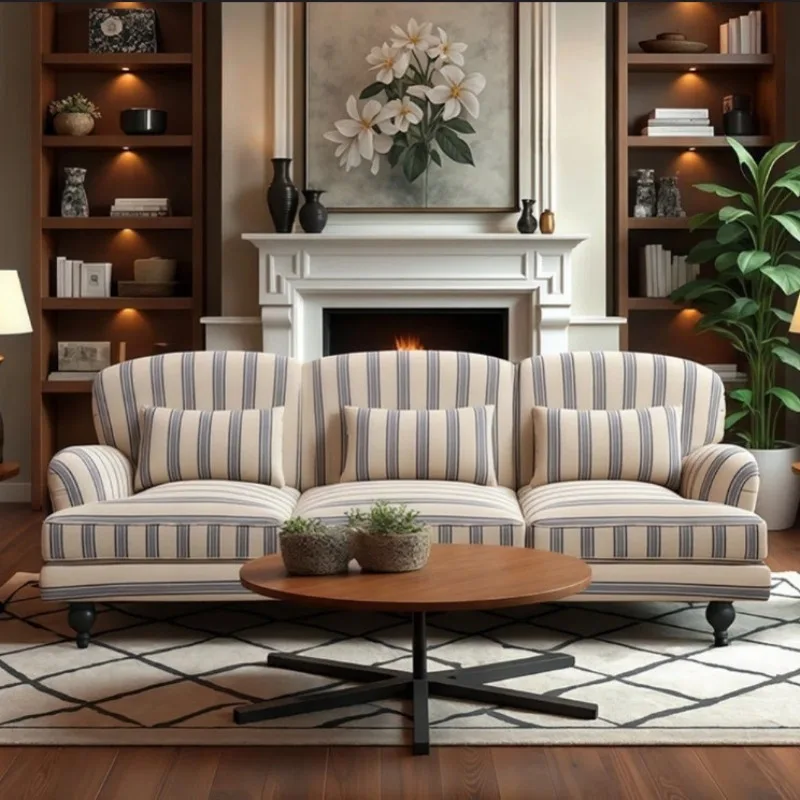 French retro simple blue striped fabric sofa B & B photography pastoral single double small apartment sofa