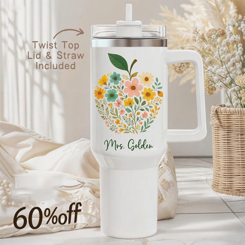 

NaNa Style Fresh Floral Design Insulated Car Travel Mug with Straw Handle Leakproof Large Capacity Portable Thermos Cup