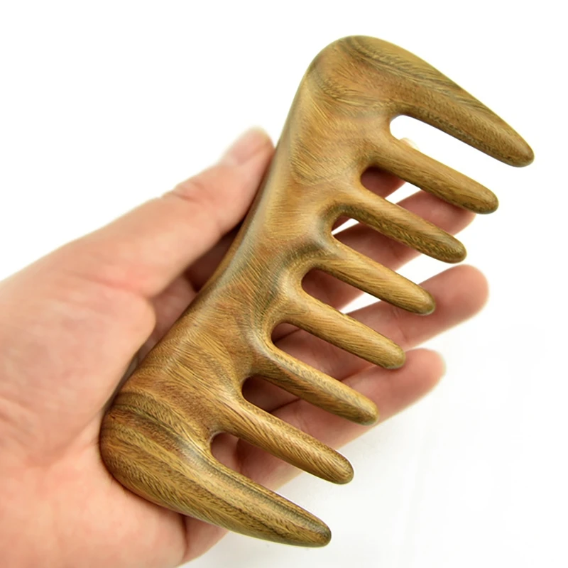 مشط شعر واسع الأسنان لفك تشابك الشعر ، والخشب الطبيعي ، والشعر المجعد ، لا خشب الصندل ثابت ، واختيار الشعر