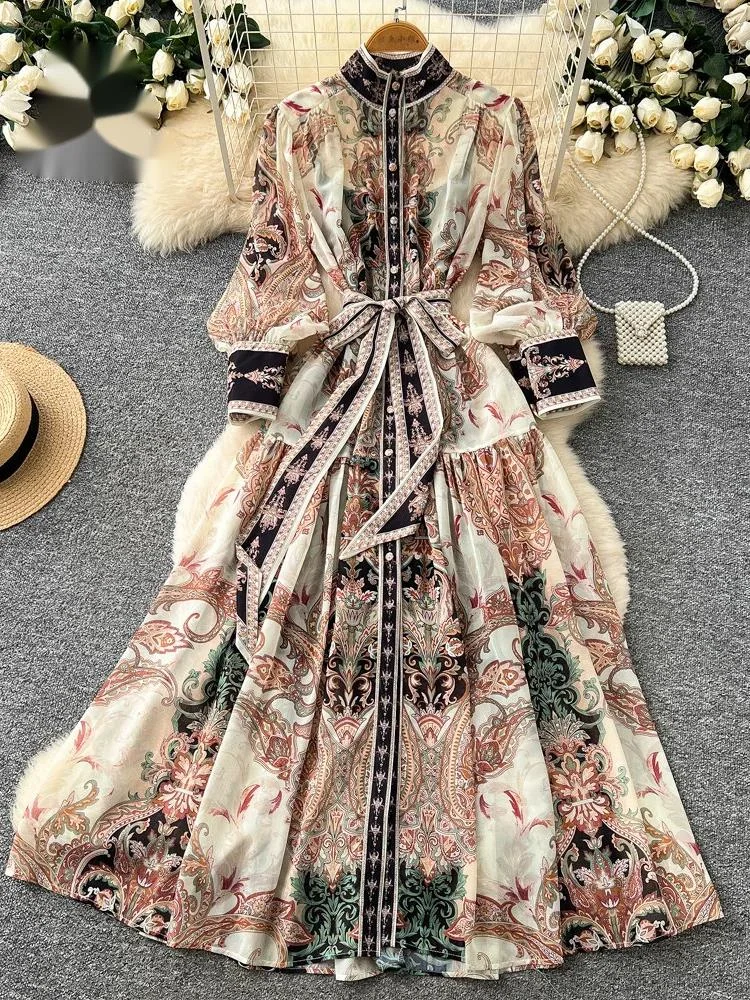 French Artistic Print Dress 2026 Spring Women Slim Belt Full Sleeves Senior Office Lady Vacation Romantic A-line Dress