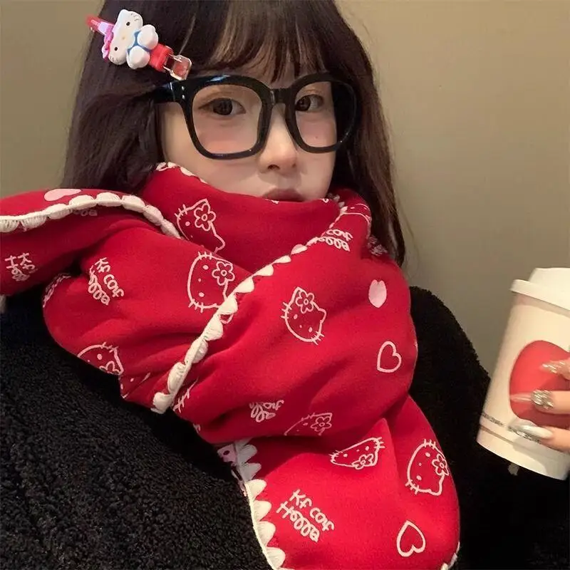 

Hot Sanrio Hello Kitty Scarf Girl Autumn Winter Keep Warm Long Style Thicken Gift Kawaii Anime Cartoon Fashion New Casual Scarf