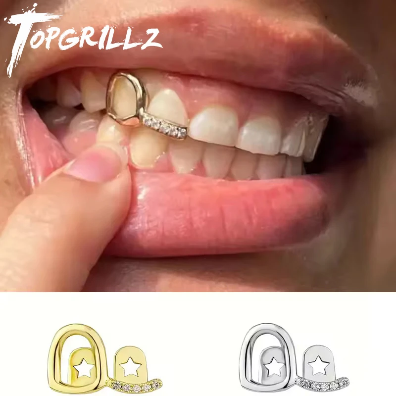 TOPGRILLZ Doppel Hohl Zirkon Zähne Grillz Hip Hop CZ Stein Zahn Kappen Dekor Für Frauen Männer Schmuck Party Geschenk Dental Grills