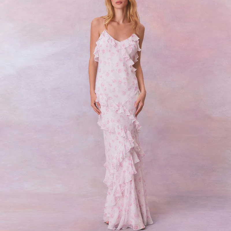 Boho Fashion Abiti lunghi slim con stampa floreale Primavera Scollo a V con volant Abito con cinturino per spaghetti Abiti maxi estivi vuoti senza schienale