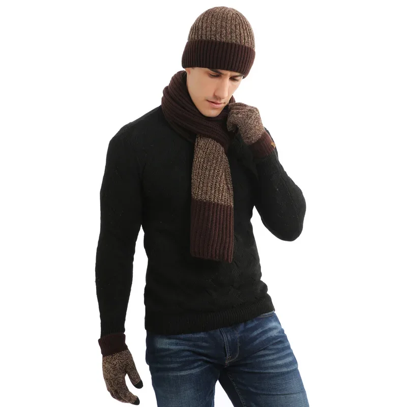 3Pcs Warm Hat Scarf Glove Set Winter Thick Knitted Hat Scarf and Gloves Set for Men or Women Gift Accessories