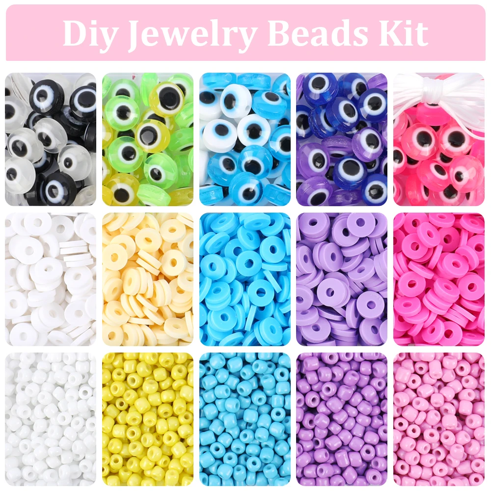 Makersland Polymer Clay Beads Kit for Kids Girls DIY Seed Beads Bracelet Set Box Devil Eye Bracelet Beads For Jewelry Making Set