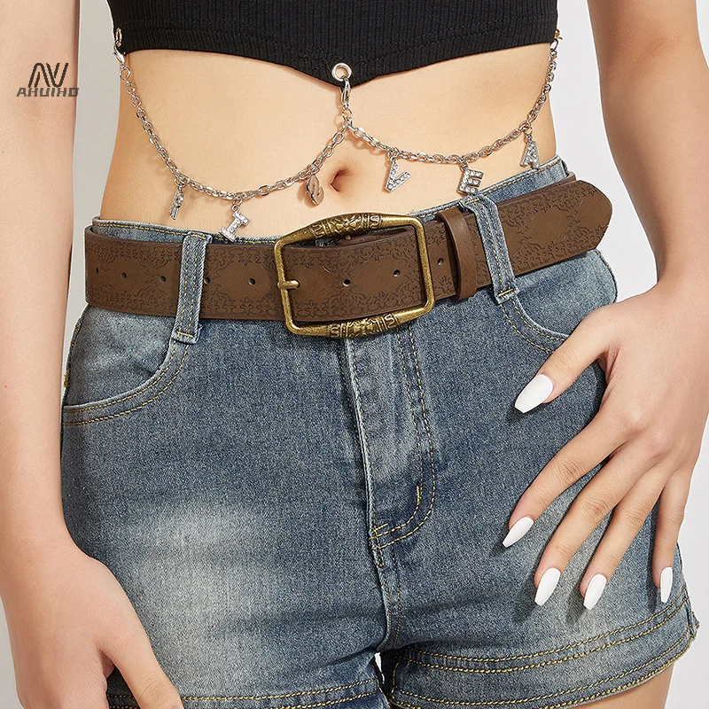 Ceinture en cuir PU pour femme, motif imprimé, rétro, environnement Y2K, mode hip hop, ceinture de luxe, strucpin