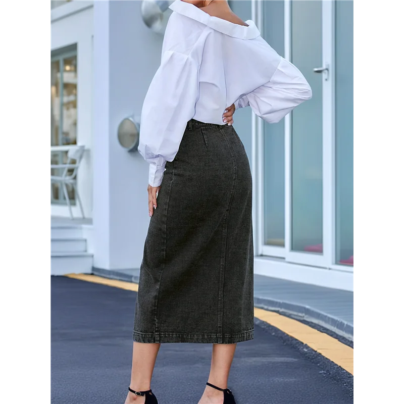 Hot Kf-femmes décontracté fente Denim Midi Jean jupe Stretch taille haute effiloché boutonné noir L