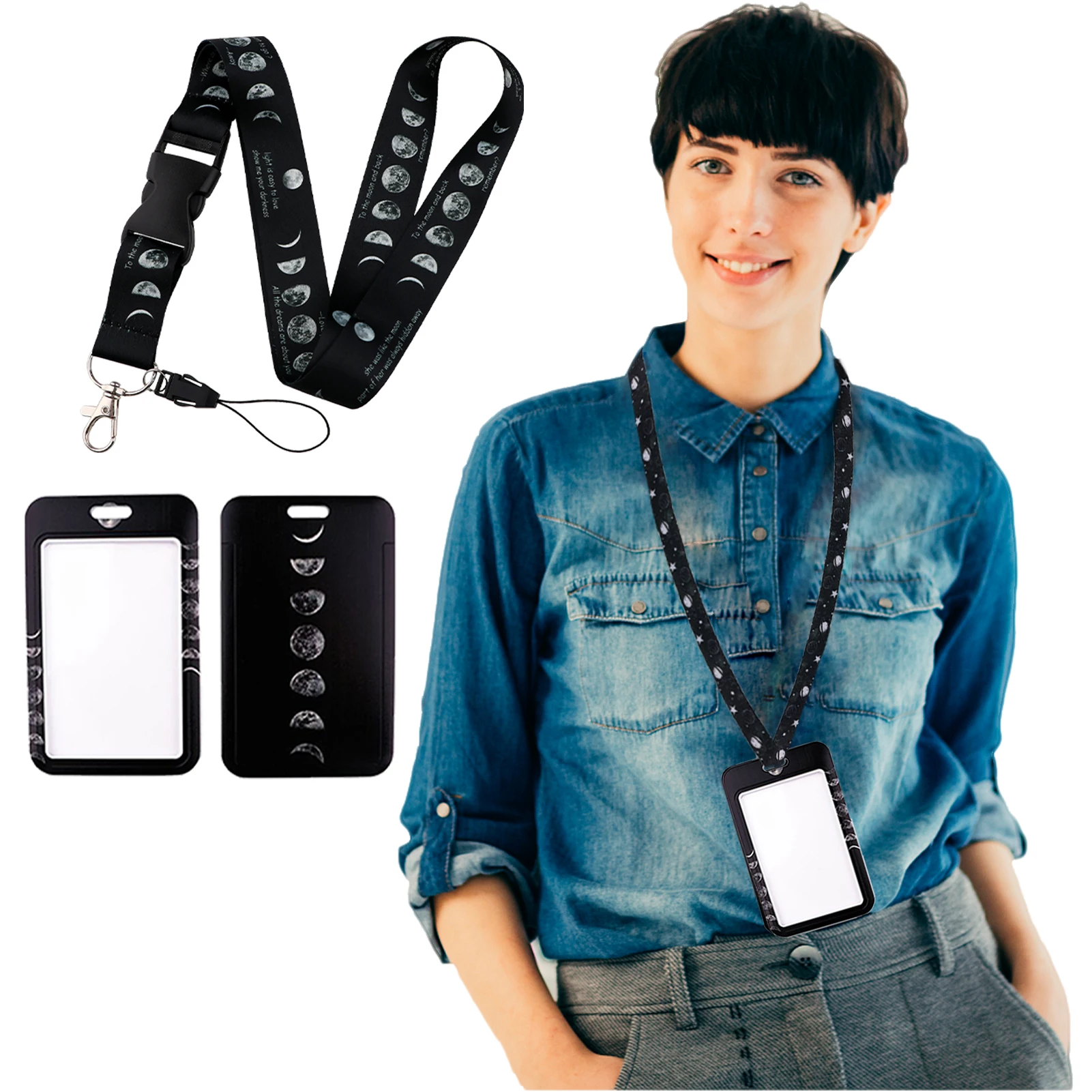 ABS Keys With Lanyard Sun Moon Vertical Aesthetic Card Protector Neck Strap Detachable Lightweight Badge Holder Waterproof